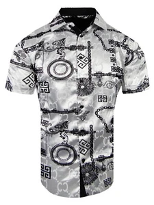 Italian Velvet Floral Stripe Short Sleeve Shirt Mens Luxury Silky Stretch Button - Picture 1 of 20