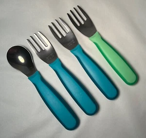 Lot NUK Kiddy Cutlery Toddler Spoon and 3 Forks Blue & Green Easy Grip Handles - Picture 1 of 5