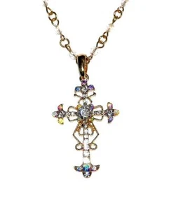 NECKLACE GT Clear & AB Iridescent Rhinestones On 16" Adj Chain FILIGREE CROSS - Picture 1 of 1