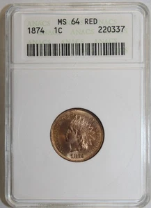 1874 Indian Head Cent MS64 RED PQ ANACS GEM RED - Picture 1 of 9