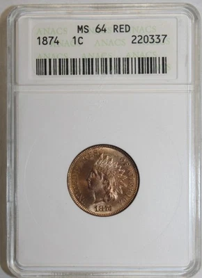 1874 Indian Head Cent MS64 RED PQ ANACS GEM RED - Image 1 of 4