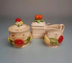 Vintage Retro Cream & Sugar With Jam Jar / Honeypot ~ Fruit & Flowers Ceramic  - Picture 1 of 11