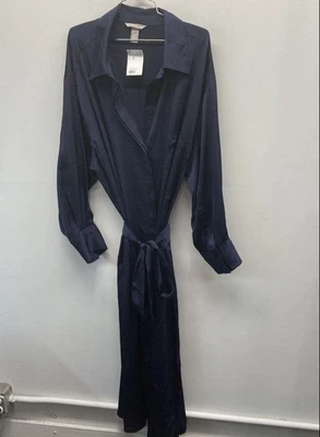 H&M Women's Navy Blue NWT Satin Tie Waist Collared Shirtdress Size XXL - Image 1 of 4