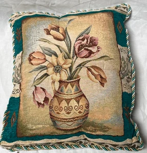 Vintage Floral Tapestry Pillow – Decorative Vase of Flowers Woven Accent Cushion - Picture 1 of 1