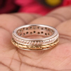 HANDMADE 925 Solid Sterling Silver Jewelry Spinner Two Tone Meditation Ring Size - Picture 1 of 8