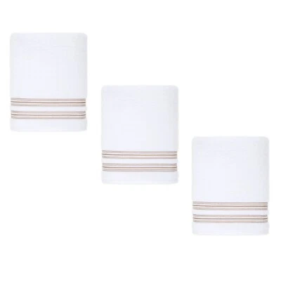 3 новых банных полотенца Nestwell 100% хлопок Hygro 30x54 дюйма - белые с желтовато-коричневыми полосками - Изображение 1 из 4