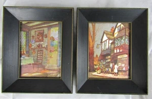 2 VTG Mid-Century Ernest Uden Foil Lithograph Framed Art Cottage Kitchen Village - Picture 1 of 11