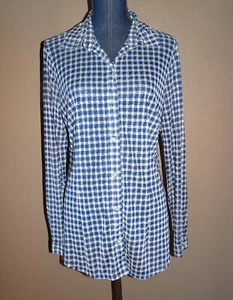 CAbi Style 736 Navy Off White Button Up Mesh Sheer Check Shirt Top Size L - Picture 1 of 5