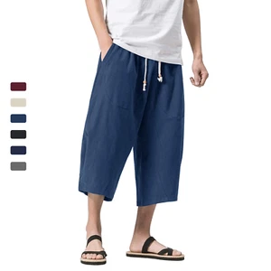 Men's Capri 3/4 Pants 4 Pockets Linen Cotton Shorts Baggy Loose Fit Casual Yoga - Picture 1 of 62