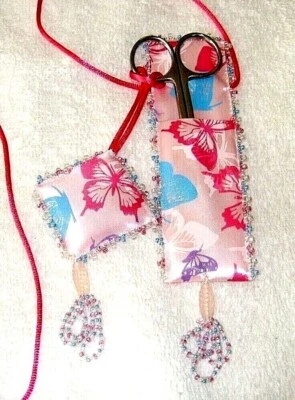 Pink Butterfly Beaded Ribbon Scissor Case & Pincushion With Scissor - NEW - Image 1 of 3