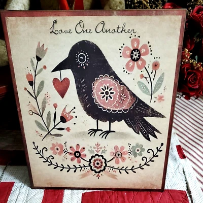 ANTIGUO LETRERO CORAZÓN CUERVO DE SAN VALENTÍN ESTILO VINTAGE FRAKTUR ARTE POPULAR PRIMITIVO Foto 1 de 4