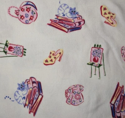 So Fun! Cats Books Shoes Phones White Cotton Ribbed Knit Fabric 80"L x 60" W Pc - Image 1 of 4