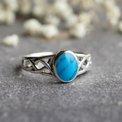 925 Sterling Silver Turquoise Celtic Band Ring - Image 1 of 4
