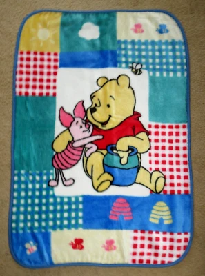 Vintage Winnie the Pooh Piglet Plush Blanket Bee Honey Pot Blue Red Green Throw - Image 1 of 4
