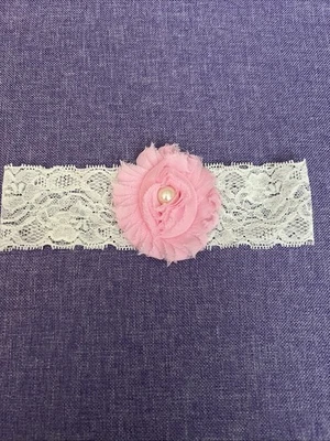 Cute! White and Pink Baby Girl Lace Headband Flower Hair Bow W/pearl rhinestone. - Image 1 of 3