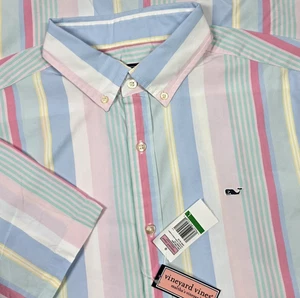 Vineyard Vines Men Poplin Short Sleeve Pastel Stripe Whale Shirt Classic Fit NWT - Picture 1 of 11