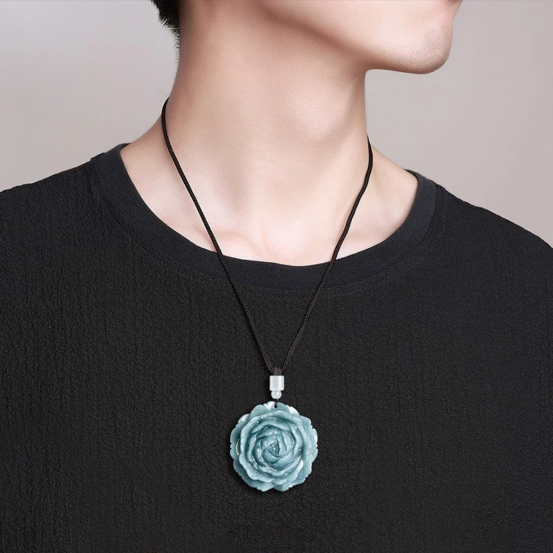 Colgante Flor Peonía Jadeíta Natural Azul Unisex Hombre Mujer Regalo Riqueza Prosperidad Foto 1 de 4