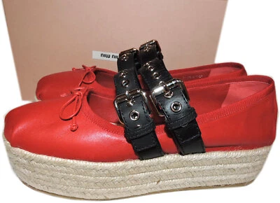 Miu Miu Prada Red Espadrilles Double Buckles Platform Shoes 40 Mary Jane Red - Image 1 of 4