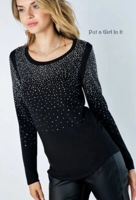 New VOCAL Womens CLASSY EMBELLISHED CRYSTAL SOFT BLACK BLING SHIRT S M L XL - Image 1 of 2