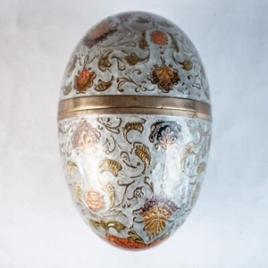 1900er Gold Blau Multicolor Floral Antik Russisch Ei Emaille Messing Schmuckschatulle - Bild 1 von 12
