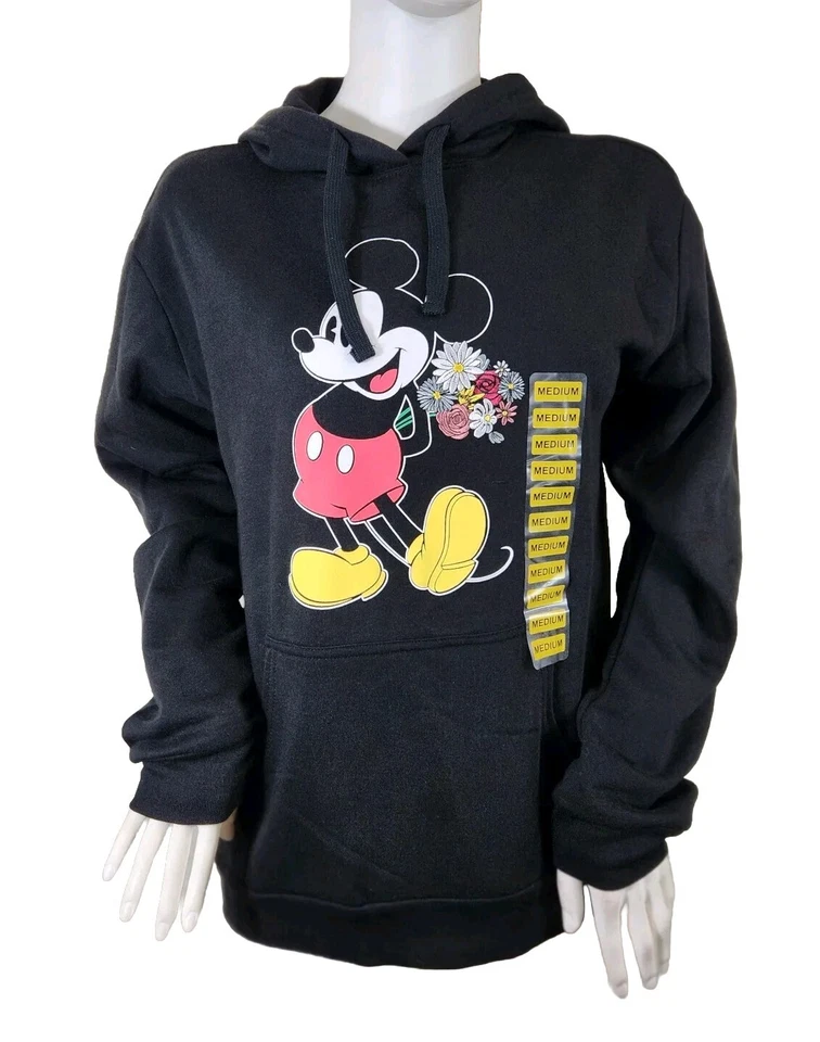 Disney Mickey Mouse Sweatshirt Hoodie Women’s Size M Black Embroidered Flowers