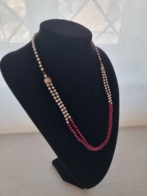 collana perle naturali e radice di rubino Montata In argento 60cm di lunghezza.  - Immagine 1 di 4