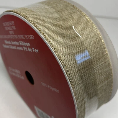 Jumbo Celebrate It Wired Gold Brown Burlap Ribbon Christmas Crafting 2.5”X 80ft Foto 1 de 4