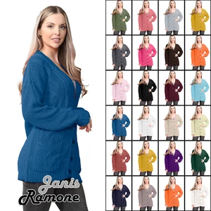 Womens Ladies Chunky Cable Knitted Button Long Sleeve Grandad Cardigan Jumper - Picture 1 of 94
