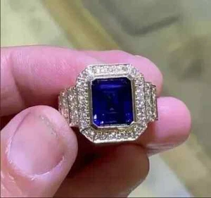 3Ct Emerald Cut Lab-Created Sapphire Men's Wedding Ring 14k Yellow Gold Plated - Picture 1 of 9