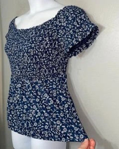 Old Navy taglia XL blu bianco top contadino fumè babydoll cottage romantico boho - Foto 1 di 9