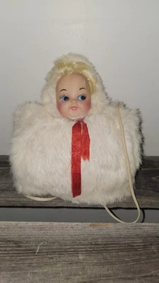 复古 20 世纪 50 年代白色兔子毛皮带金色蓝色眼帽娃娃头暖手松饼  — 第 1/4 张图片