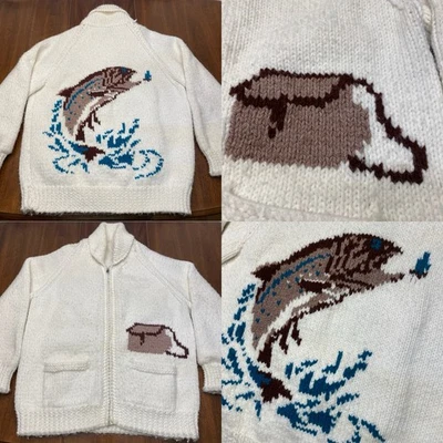 Suéter de malha vintage Cowichan truta peixe mosca 42/44? Caixa de ferramentas 23,5x29 pol. zíper completo - Imagem 1 de 4
