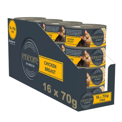 16 x 70g Encore 100% Natural Adult Wet Cat Food Tins Chicken Breast in Broth