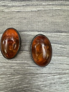 Vintage Sterling Silver Oval Baltic Honey amber Stone Clip On Earrings Bin C - Picture 1 of 4