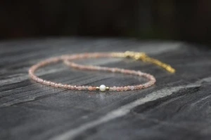 Pearl & Sunstone 2-3MM Faceted Round Gemstone Beaded Women Choker Necklaces 18" - Picture 1 of 12