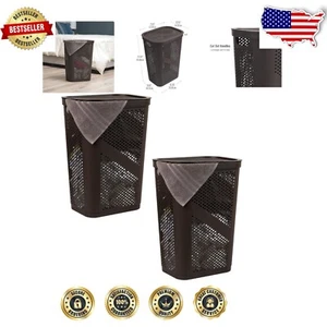 60L Slim Laundry Hamper Set of 2 - Ventilated Plastic Baskets, Brown Elegance - Picture 1 of 9