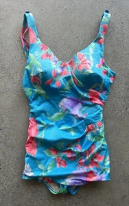 Vintage Roxanne Blue Floral Nylon One Piece Swimsuit Bathing Suit Union Made* - Picture 1 of 9