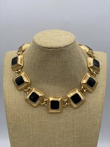 VTG ANNE KLEIN BLACK ENAMEL CHUNKY NECKLACE DESIGNER GOLDTONE CHOKER 16”L Signed - Picture 1 of 5