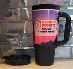 ARUBA “Worth The Trip” Vintage DUNKIN DONUTS TRAVEL MUG Whirley Surfer Girl - Picture 1 of 10