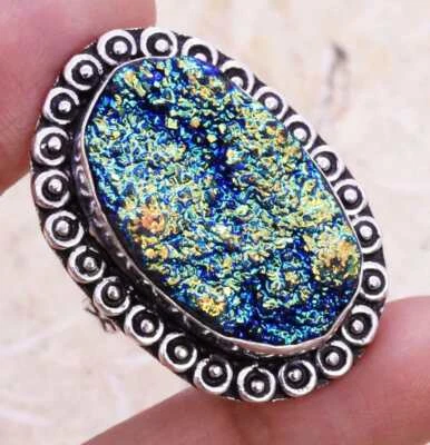 Color Enhanced Titanium Druzy 925 Silver Plated Handmade Ring of US Size 7 - Image 1 of 3