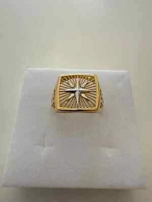 18 KARAT YELLOW WHITE GOLD MAN BAND RING SQUARE ON TOP WITH WIND ROSE ITALY MADE - Image 1 of 4