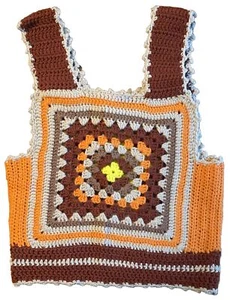 Crochet Granny Square Sweater Vest Size SM Orange Tan Brown Yellow Vintage 70’s - Picture 1 of 12