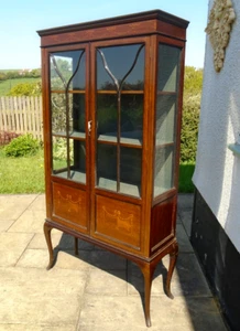 Tall Antique Edwardian Inlaid Mahogany Glazed 4 Shelf China Display Cabinet Keys - Picture 1 of 17