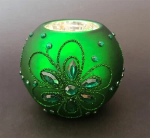 Sorelle CHRISTMAS Ornament GREEN Tea Light Candle Holder Votive Rhinestone 3" - Picture 1 of 5