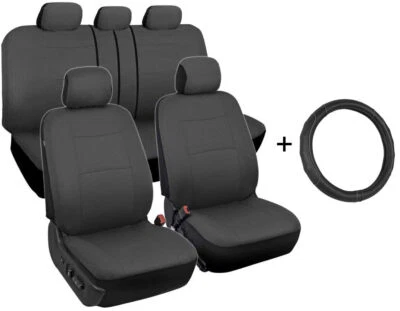 Front/Rear Car Seat Covers + Microfiber Leather Steering Wheel Cover Gray - Image 1 of 4