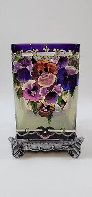 Jarrón de vidrio artístico Amia sobre pedestal púrpura pensamientos vela votiva  Foto 1 de 4