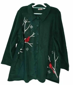 Quacker Factory Fleece Jacket Plus Size 3X Green Cardinal Birds Embroidered - Picture 1 of 8