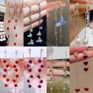 Fashion Zircon Crystal Tassel Earrings Stud Drop Dangle Women Wedding Jewelry - Picture 1 of 92
