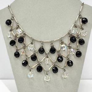 Vintage 1940’s 1950’s Black Clear Crystal Glass Bead Necklace Bib Drop Necklace - Picture 1 of 4