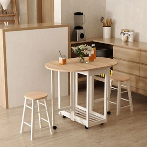3PC Wooden Kitchen Cart Mobile Rolling Trolley Folding Bar Table Two Stools - Picture 1 of 9